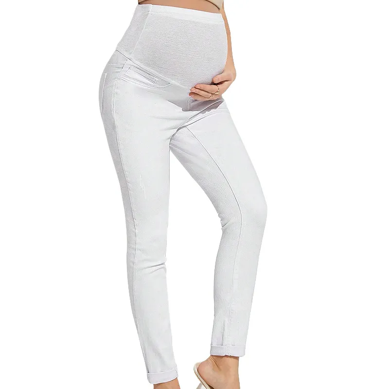 Calças de cintura alta de denim para mulheres grávidas europeias e americanas, calças skinny da moda com pernas pequenas e elásticas, mamãe estilosa
