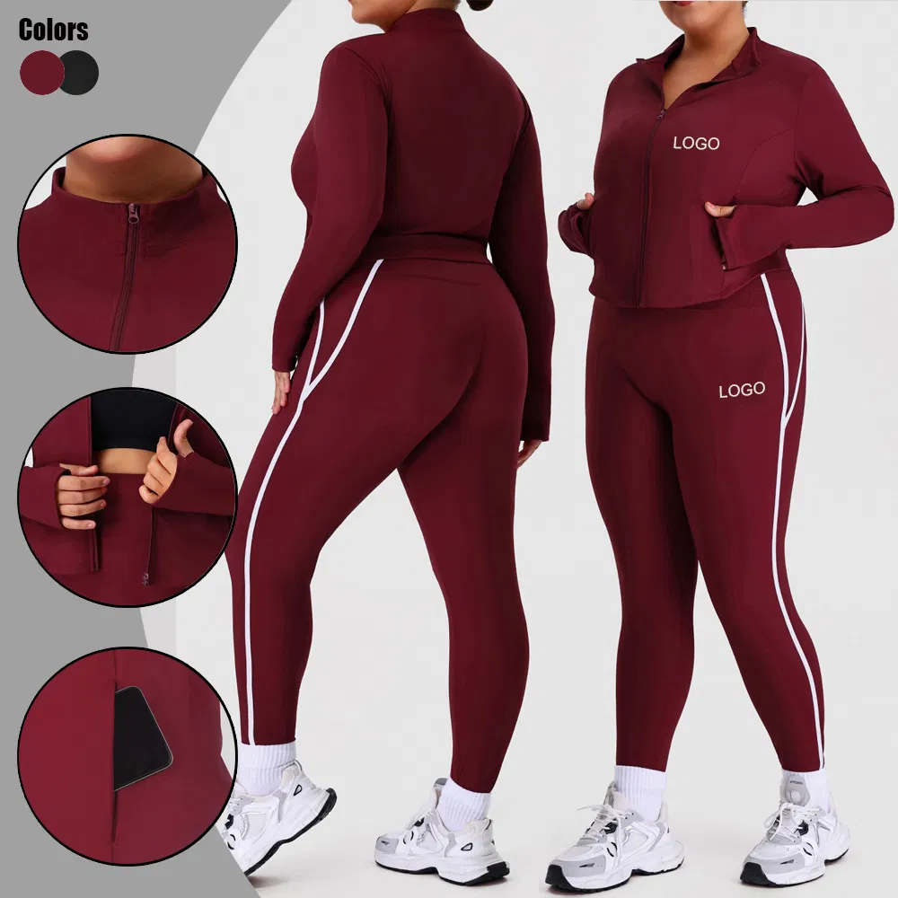 Roupas de Fitness para Corrida Feminina com Leggings de Cintura Alta em Tamanhos Grandes com Bloco de Cores e Casaco Emagrecido
