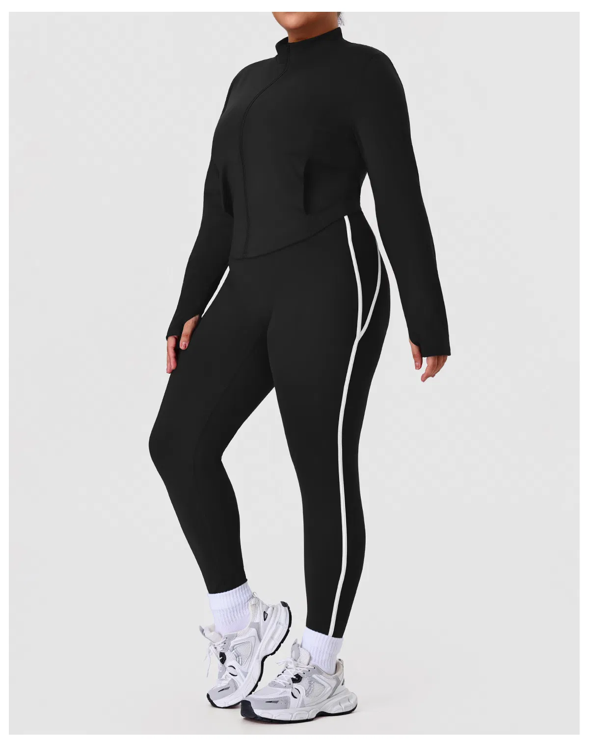 Roupas de Fitness para Corrida Feminina com Leggings de Cintura Alta em Tamanhos Grandes com Bloco de Cores e Casaco Emagrecido