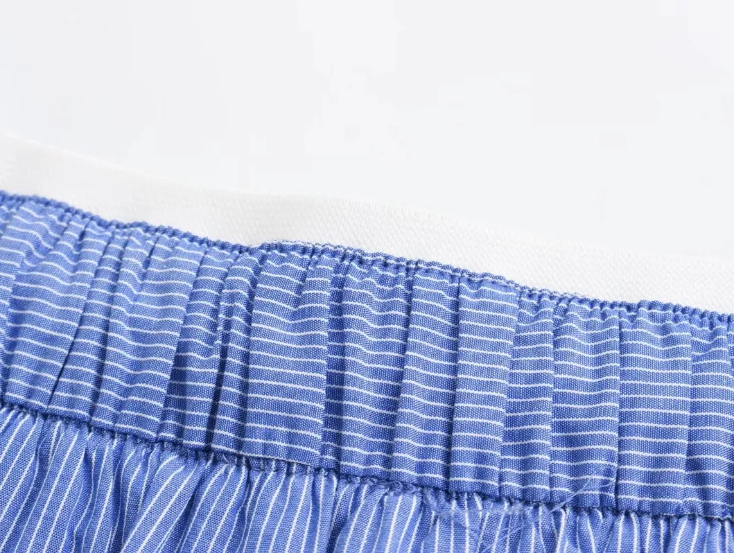 Novo Estilo Casual de Moda Calças Curtas de Popeline Listradas em Azul com Recortes na Cintura Média Roupas Femininas Atacado