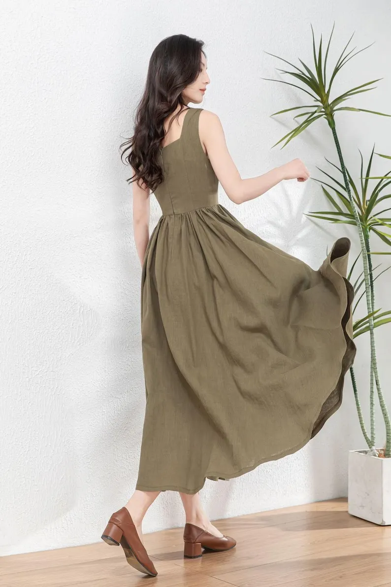 Vestido Maxi de Linho Feminino Trendy com Exclusivas Aplicações de Botões