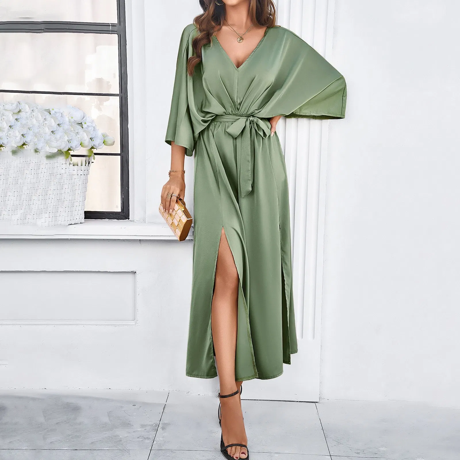 Vestido Elegante Vintage de Verão com Decote em V Clássico, Vestido Formal para a Noite, Vestido Midi Sólido com Mangas Curtas e Fenda