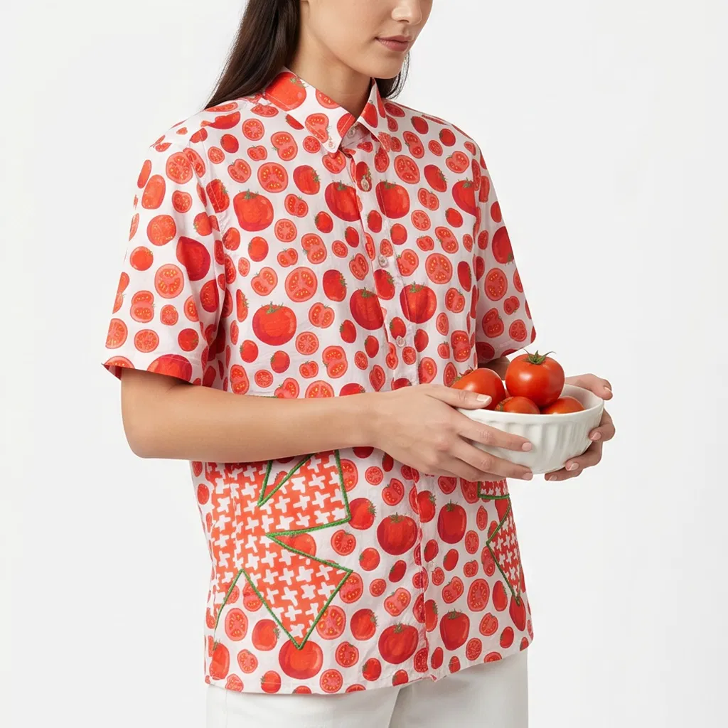 Camisa de manga curta com estampa de tomate para mulheres, colarinho dobrado, padrão contrastante em spliced, bolso solto, blusa casual, fabricante de roupas por atacado