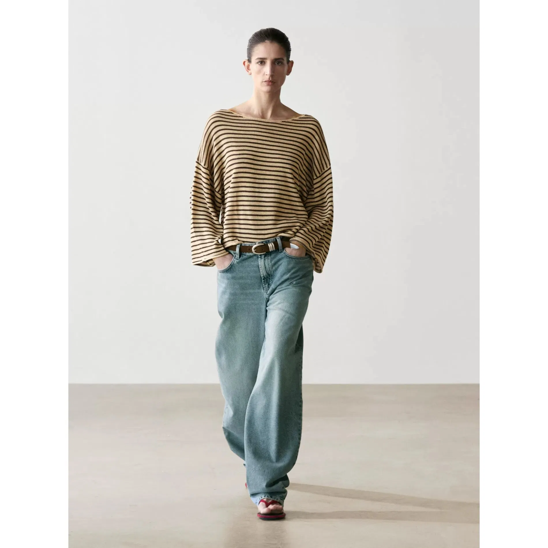 Suéter feminino casual de malha com gola barco listrada, solto, de algodão, novo estilo, manga longa, fabricação de roupas femininas por atacado