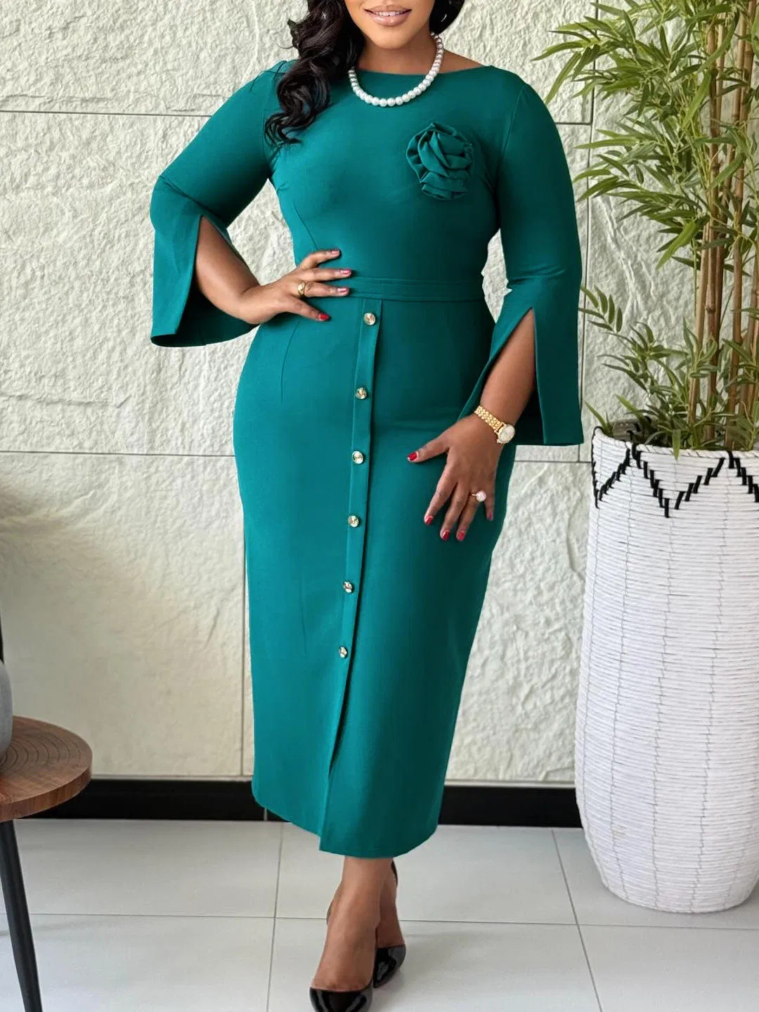 Elegante Blusa Feminina com Mangas Largas e Botões Florais, Ajuste Slim, Estilo Africano, Roupas de Trabalho Femininas
