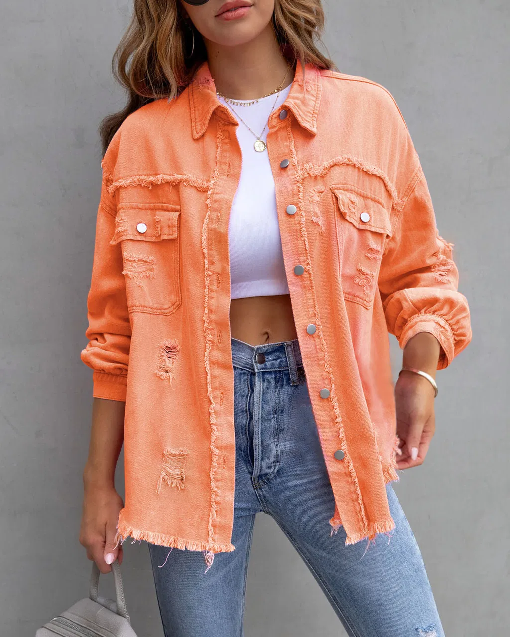 Jaquetas de Denim para Mulheres em Várias Cores, Jaqueta de Denim Desgastada de Comprimento Médio, Camisas para Meninas, Roupas Casuais, Casaco de Jeans, Roupas de Rua em Denim