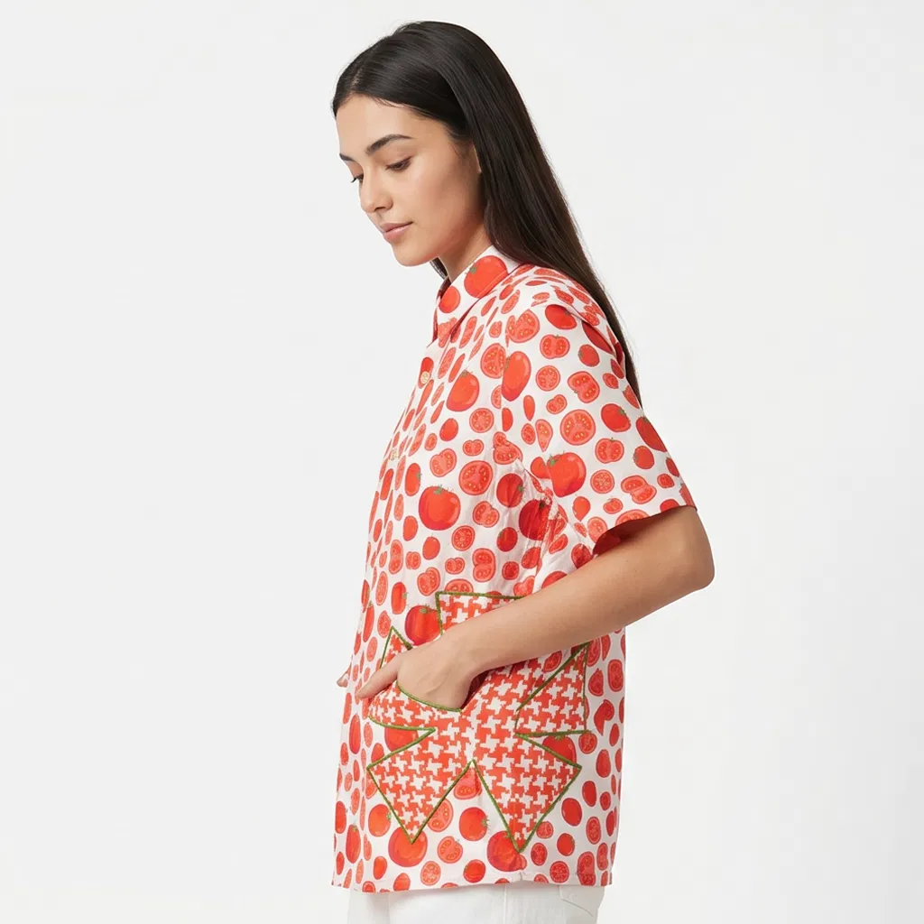 Camisa de manga curta com estampa de tomate para mulheres, colarinho dobrado, padrão contrastante em spliced, bolso solto, blusa casual, fabricante de roupas por atacado