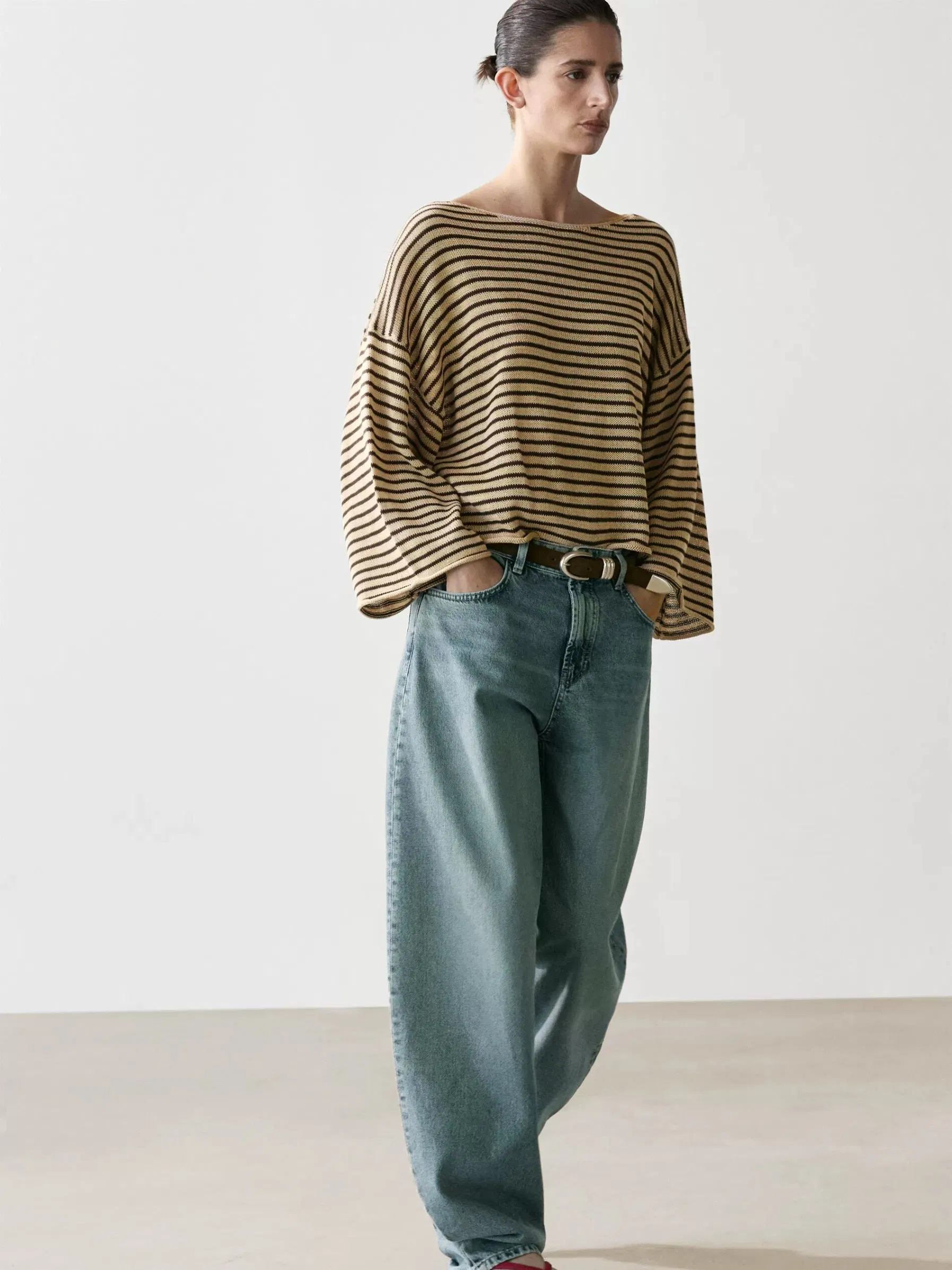Suéter feminino casual de malha com gola barco listrada, solto, de algodão, novo estilo, manga longa, fabricação de roupas femininas por atacado