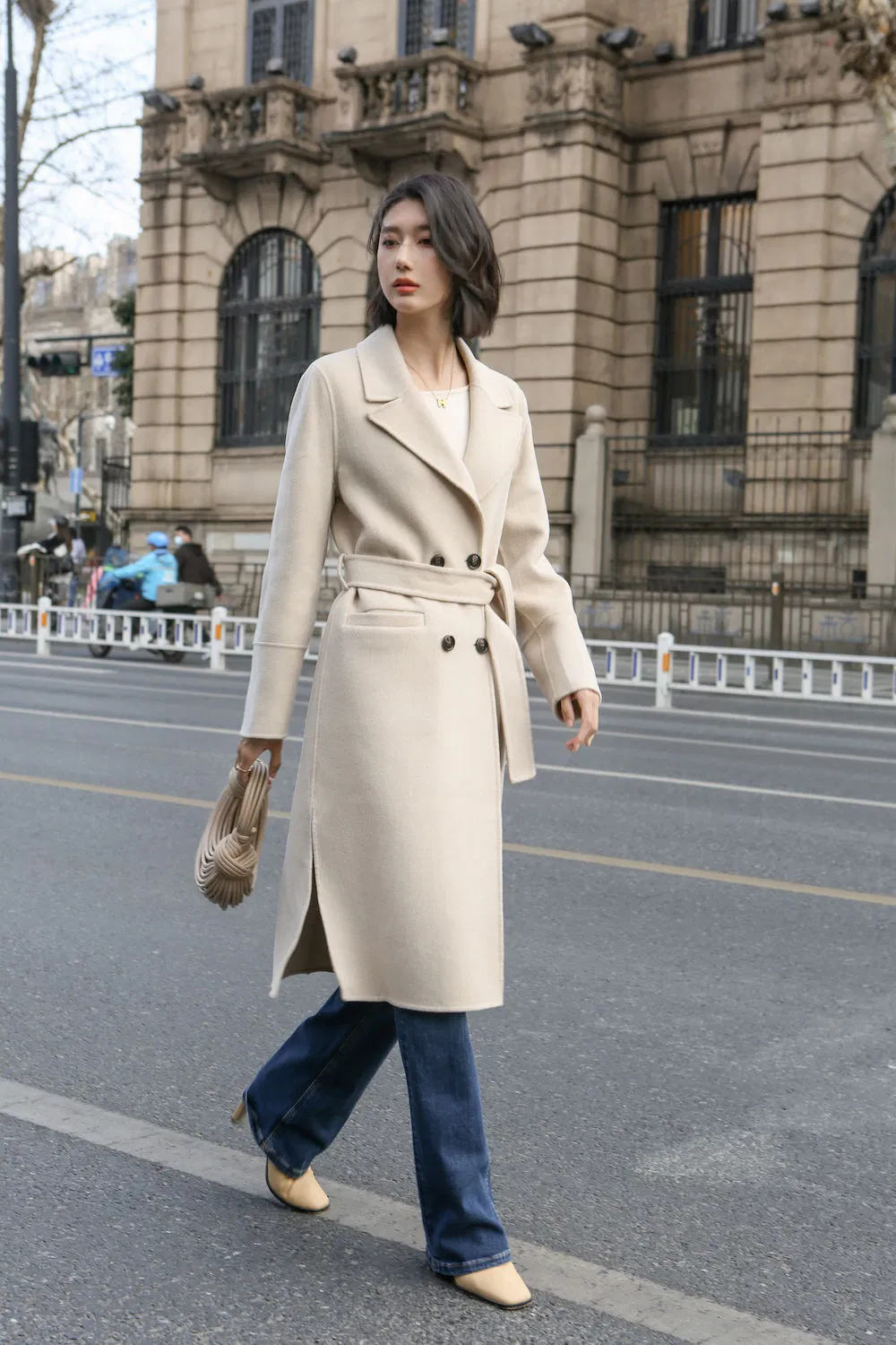 Tecido de Casaco de Lã e Poliéster para Mulheres, Trench Coats Femininos