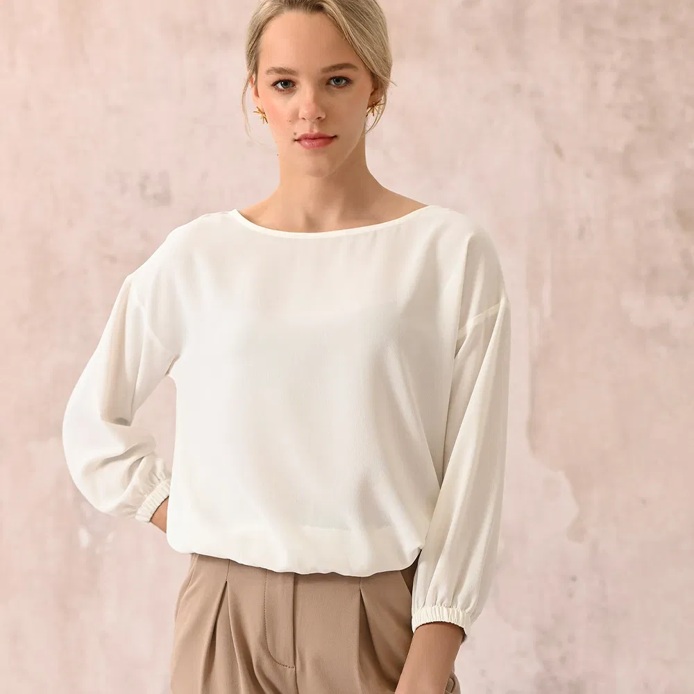 Blusa de Chiffon Casual para Mulheres, Manga Longa, Gola Redonda, Punhos Elásticos, Camisas Elegantes para Mulheres