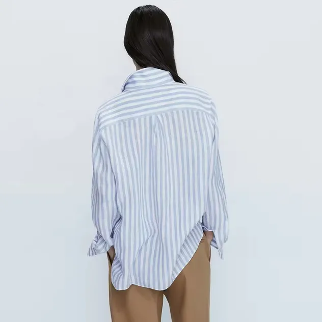 Camisas Listradas de Algodão e Linho Personalizadas, Blusas Casuais de Manga Longa para Mulheres, Camisas Confortáveis com Ombros Caídos e Botões