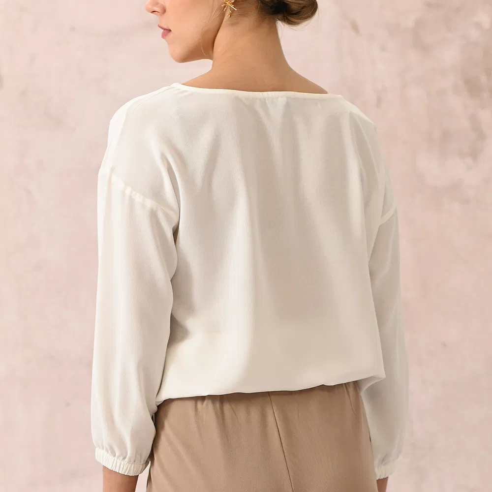 Blusa de Chiffon Casual para Mulheres, Manga Longa, Gola Redonda, Punhos Elásticos, Camisas Elegantes para Mulheres