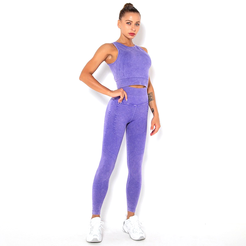 Conjunto de Roupas de Treino para Mulheres em Estilo Vintage com Lavagem Ácida 2 Leggings Sem Costura de Cintura Alta com Top Sem Mangas Almofadado Removível para Yoga