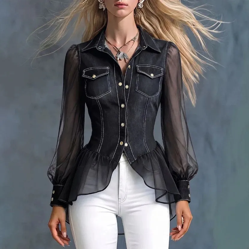 Camisa de Denim com Gola Pontuda para Mulheres, Manga Puff Transparente, Peplum, Cintura Ajustada, Blusa de Botão