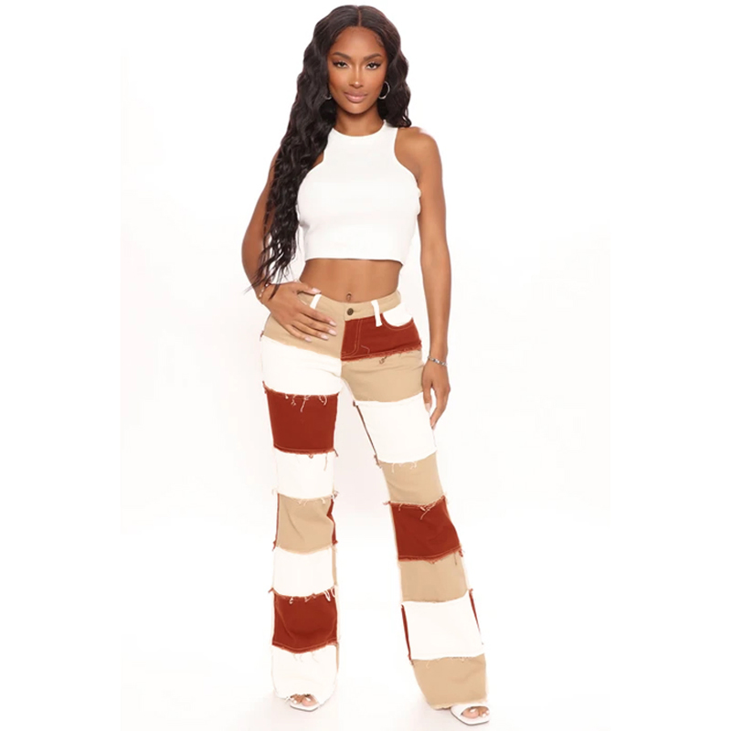 Novas Calças de Denim Casuais de Cintura Alta com Flare Slim para Mulheres, com Patchwork de Inverno