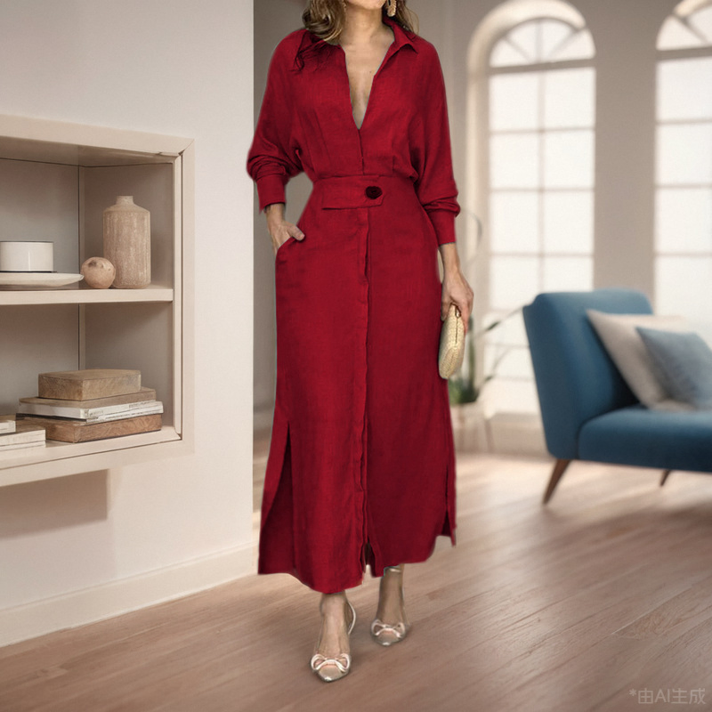Vestido Casual Feminino de Cor Sólida com Mangas Longas, Decote em V, Irregular, Fenda Casual Feminina, Roupas Femininas