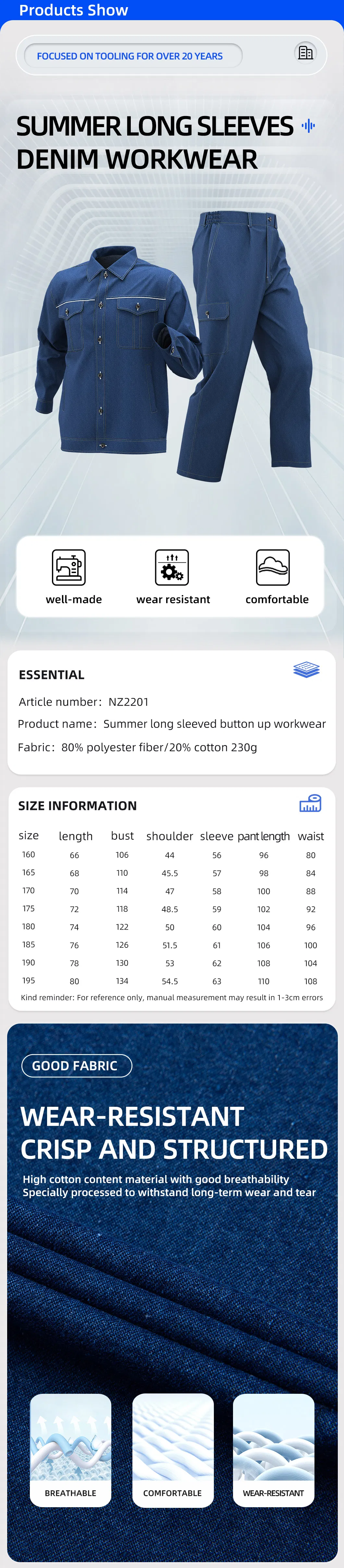 Conjunto de Trabalho de Jeans Macio de Manga Longa de Verão, Confortável, com Refletor, Denim para Homens e Mulheres