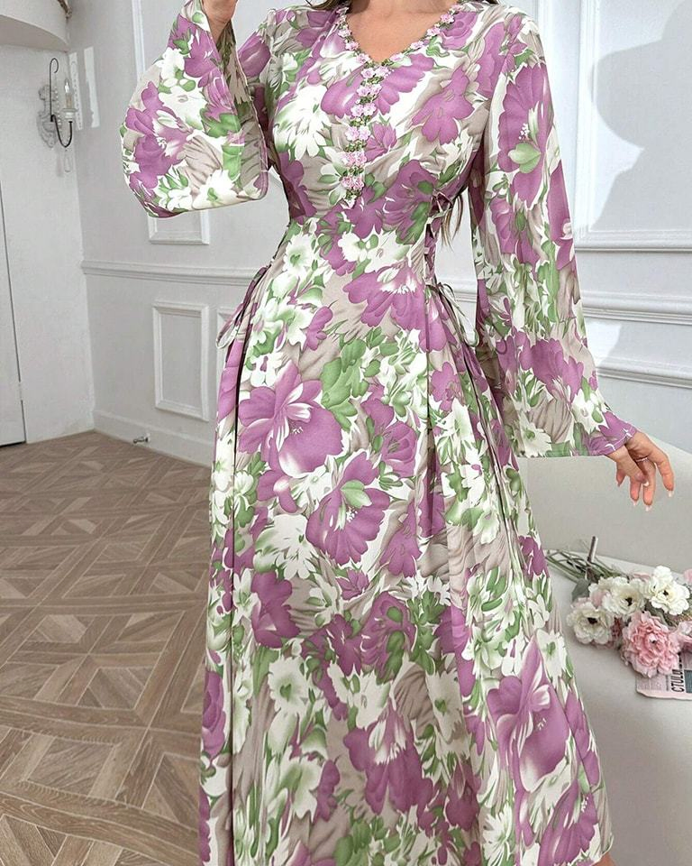 1688 Vestido Maxi Floral de Chiffon para Mulheres da China, com Decote em V, Manga Sino, Vestido Longo Boho, Vestido em A-Line