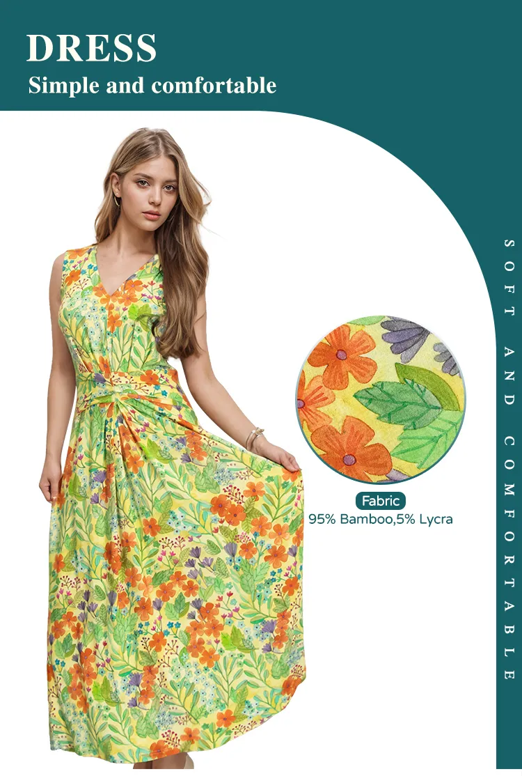 Vestido Midi Floral de Fibra de Bambu para Mulheres, Ecológico, Casual, Verão