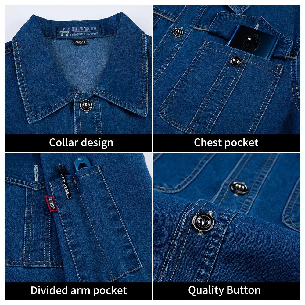 Conjunto de Trabalho de Jeans Macio de Manga Longa de Verão, Confortável, com Refletor, Denim para Homens e Mulheres