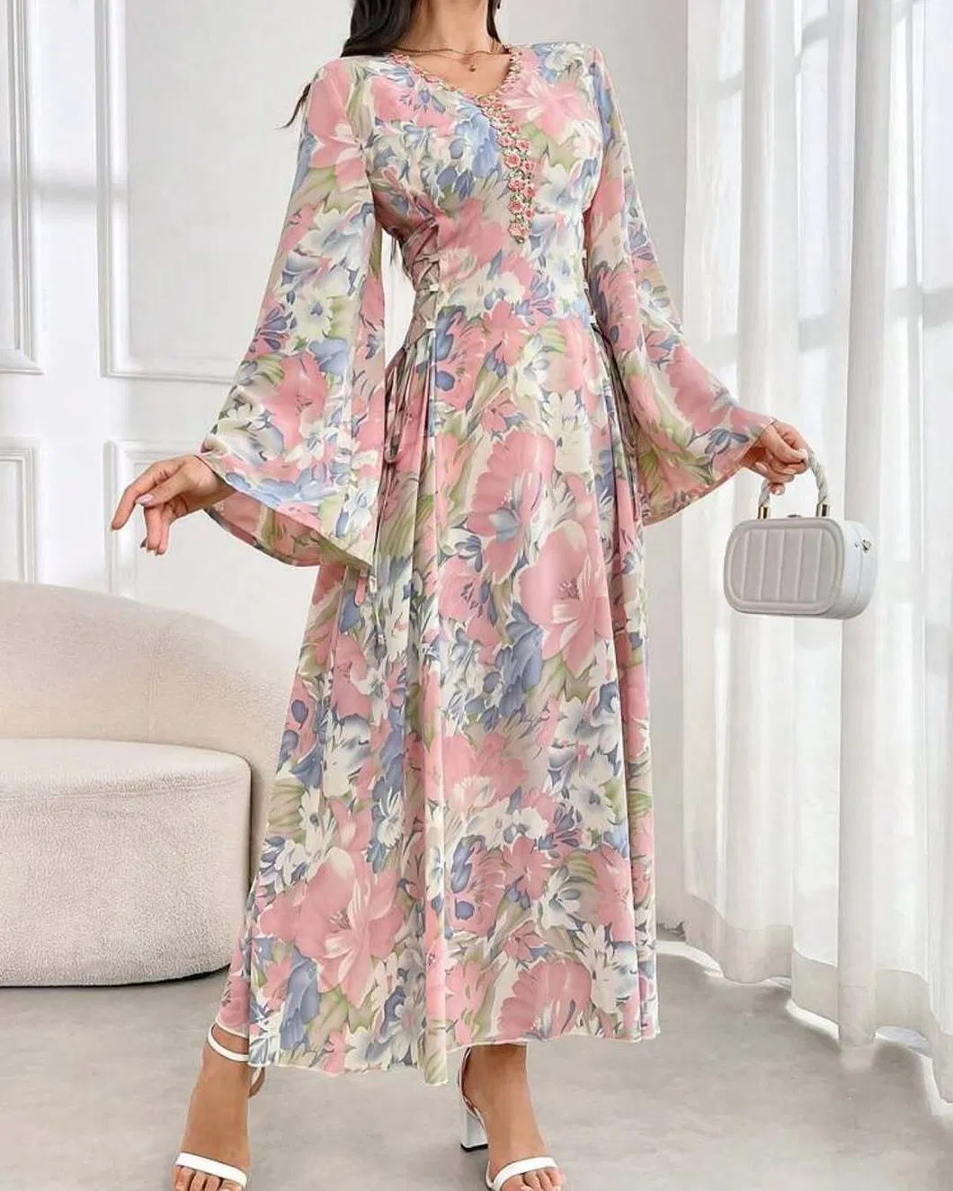 Vestido Maxi Floral de Chiffon para Mulheres, com Decote em V, Manga Sino, Vestido Longo Boho, Vestido em A-Line