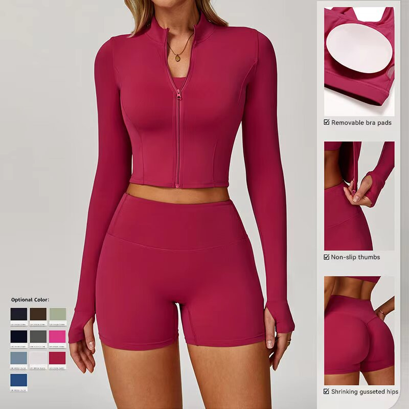 Conjunto de Roupas de Yoga 3 Peça Mulheres Jaqueta de Manga Longa Ativa Top Esportivo Conjunto de Yoga Leggings de Ginástica Roupa de Fitness Conjunto de Esportes