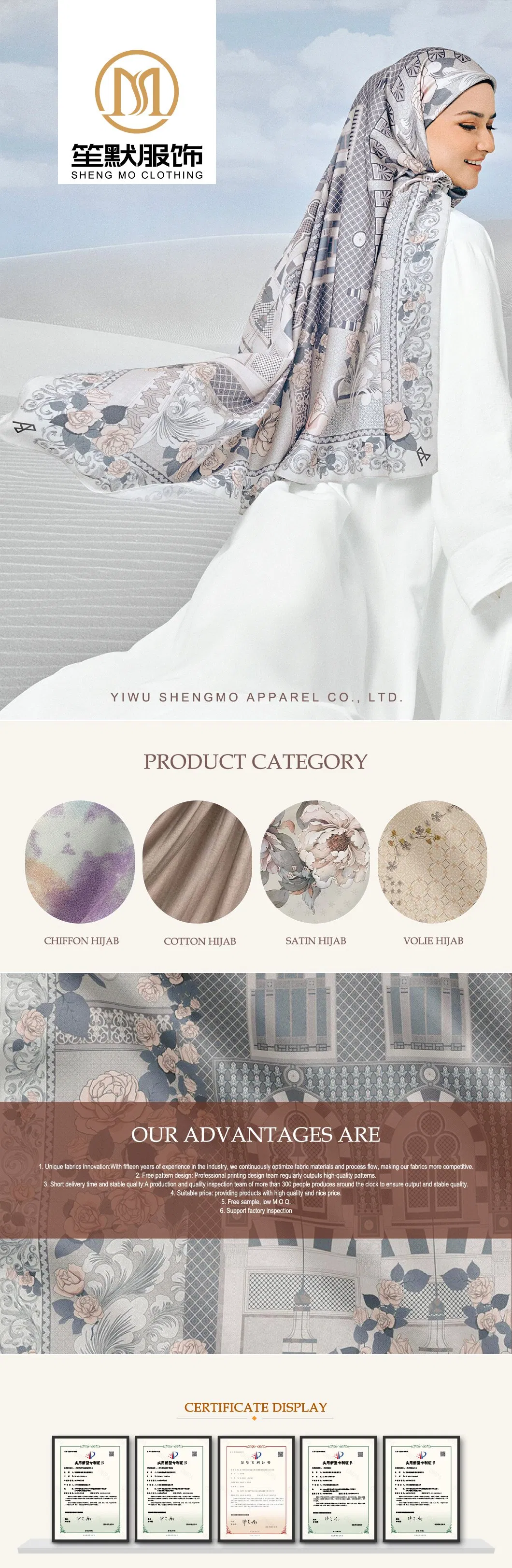 Moda Modesta Elegante Personalizada Estampas Sazonais Mercado do Oriente Médio Hijab de Cetim Elástico