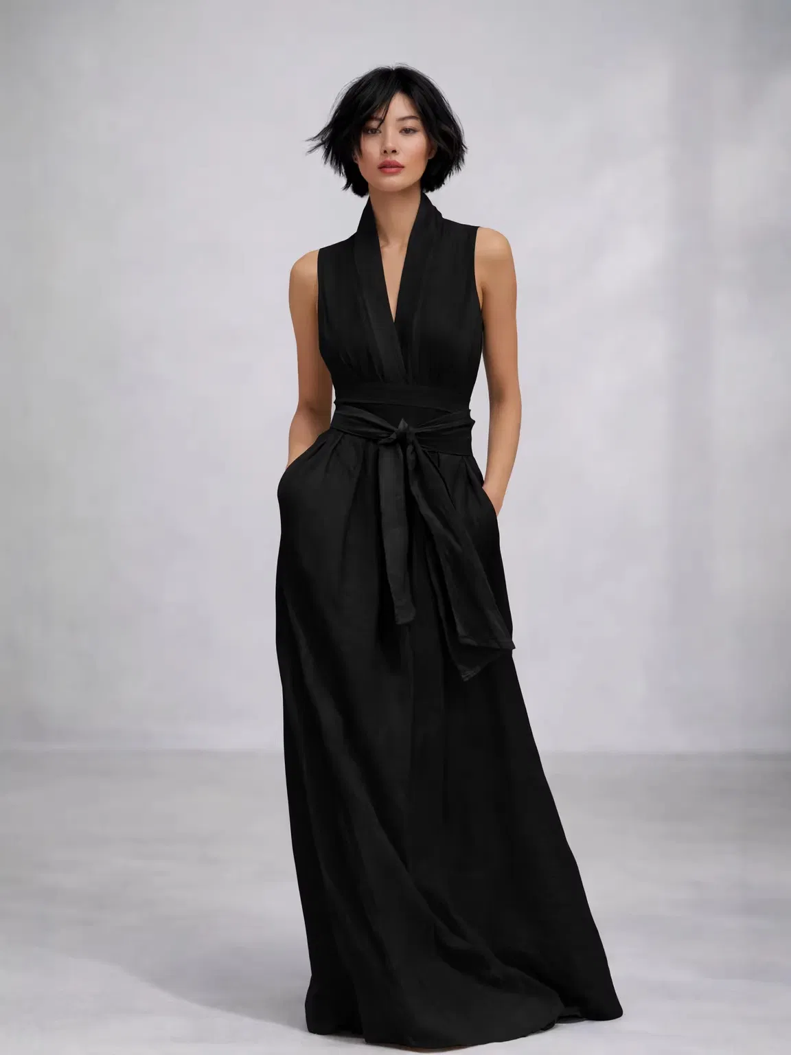 Vestido Maxi Sem Mangas de Decote em V com Cinto em Multicor para Mulheres com Bolsos, Fluido, Corte A, Vestido Formal de Noite