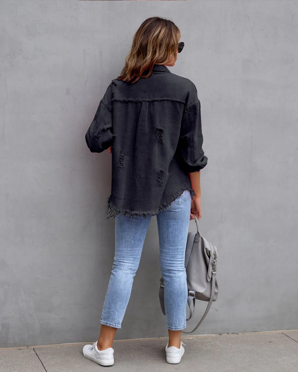Jaqueta de Denim Multicolorida para Mulheres Roupas Casuais Casaco Feminino de Comprimento Médio Jaquetas de Denim Desgastadas Camisas Soltas Casuais para Quatro Estações Jaqueta de Jeans Moda de Rua