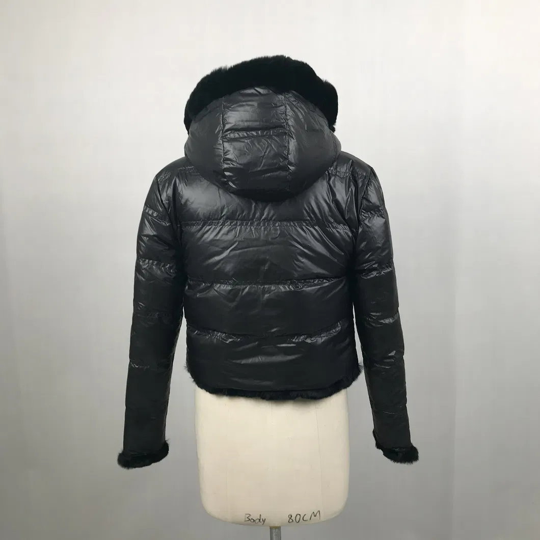 Atacado Mulheres Inverno Quente Personalizado Reversível Com Capuz Manga Longa Senhora Casaco de Pato Rex Coelho Mulheres Casaco de Pêlo Real