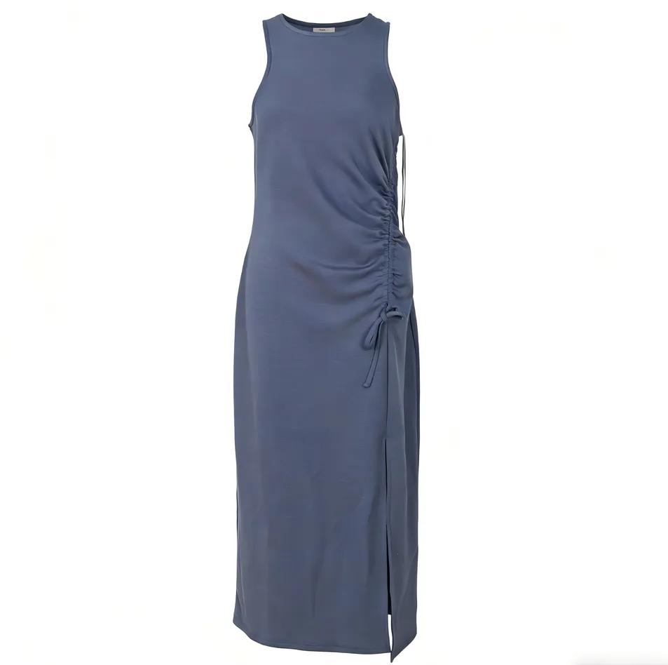 Vestido Midi Casual Sem Mangas com Cintura Franzida em Tecido Scuba Macio e Elástico para Mulheres