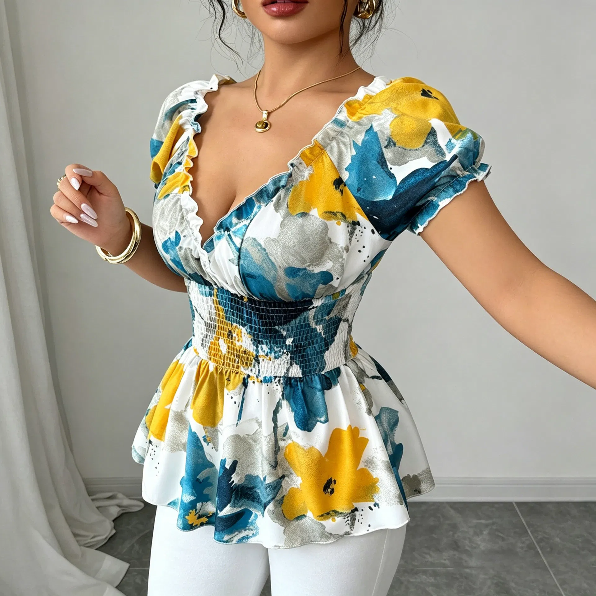 Blusa peplum ajustada de verão com decote em V, mangas curtas com babados, cintura smock e estampa floral para mulheres, personalizada OEM ODM