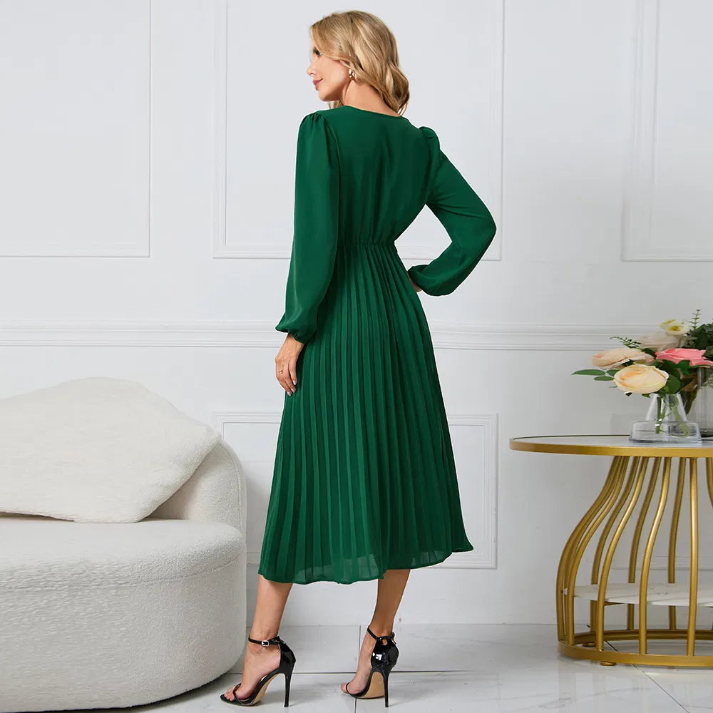Fábrica OEM por atacado personalizada moda mulheres senhoras vestido longo de chiffon plissado para festa à noite