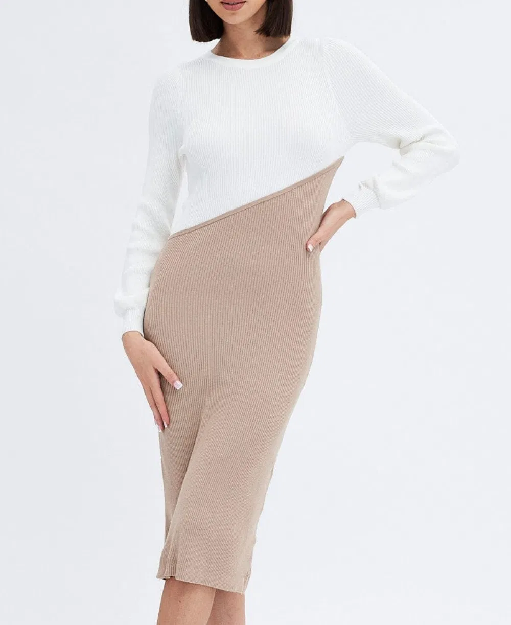 Vestido de malha feminino de manga longa com bloco de cores contrastantes e estilo para a moda de outono
