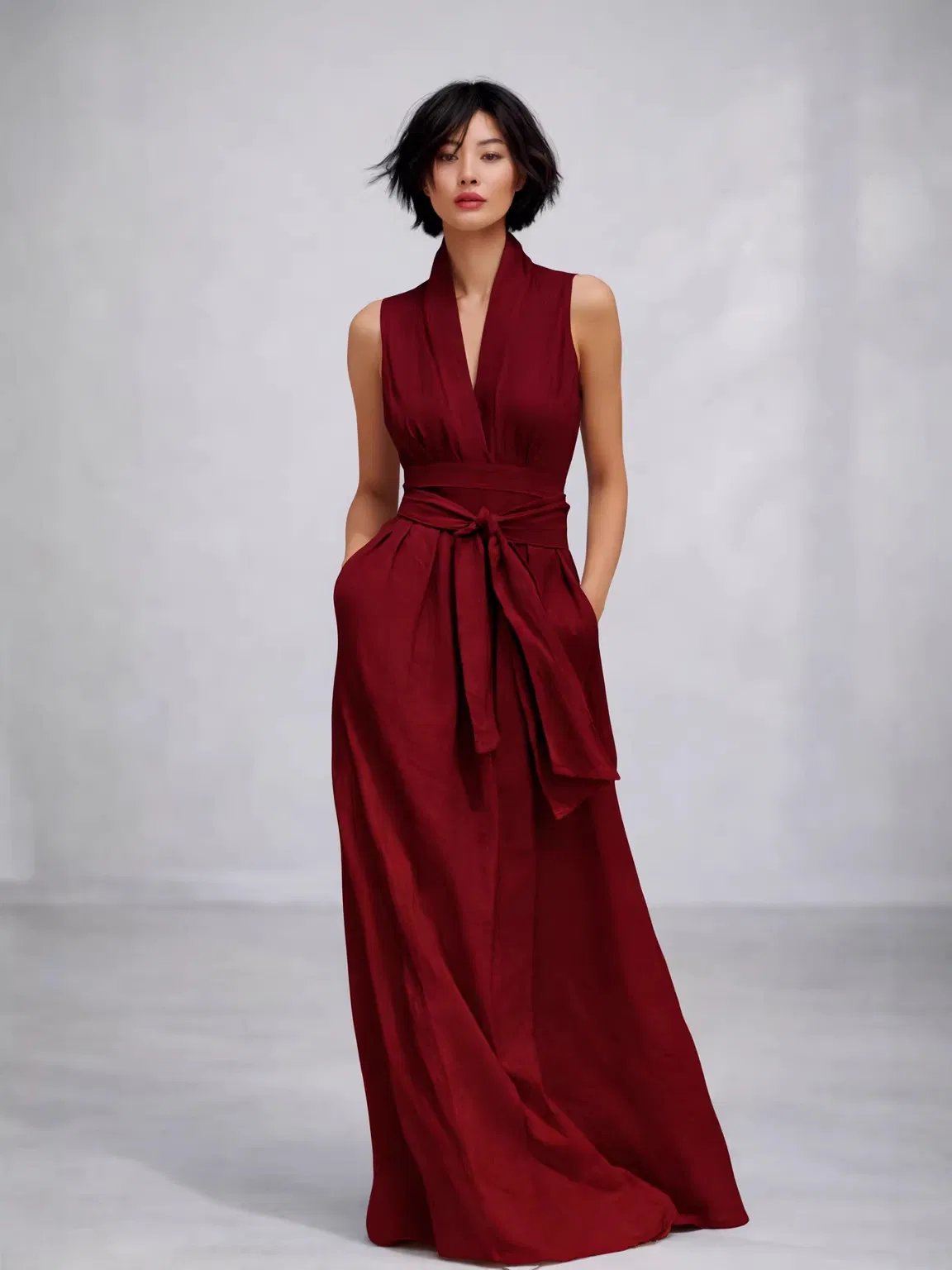 Vestido Maxi Sem Mangas de Decote em V com Cinto em Multicor para Mulheres com Bolsos, Fluido, Corte A, Vestido Formal de Noite