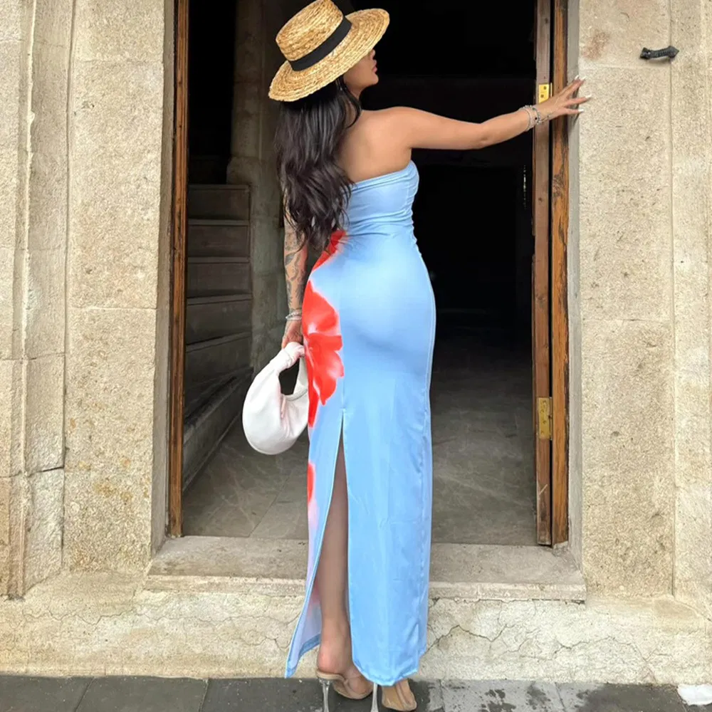 Vestido de Impressão Feminino Atacado Sem Alças Longo Moda Vestidos de Festa à Noite
