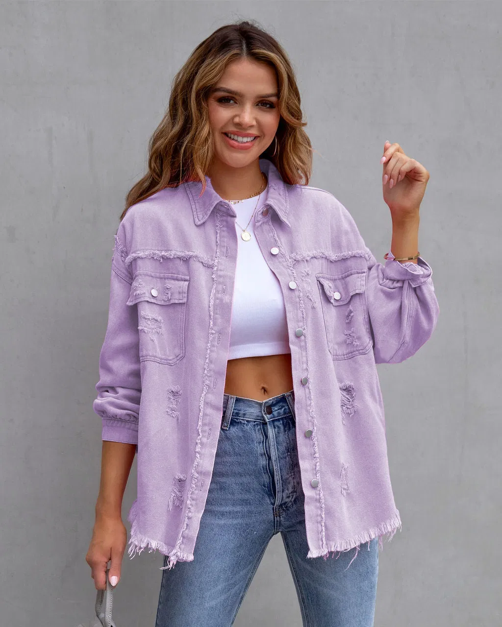 Jaquetas de Denim para Mulheres em Várias Cores, Jaqueta de Denim Desgastada de Comprimento Médio, Camisas para Meninas, Roupas Casuais, Casaco de Jeans, Roupas de Rua em Denim