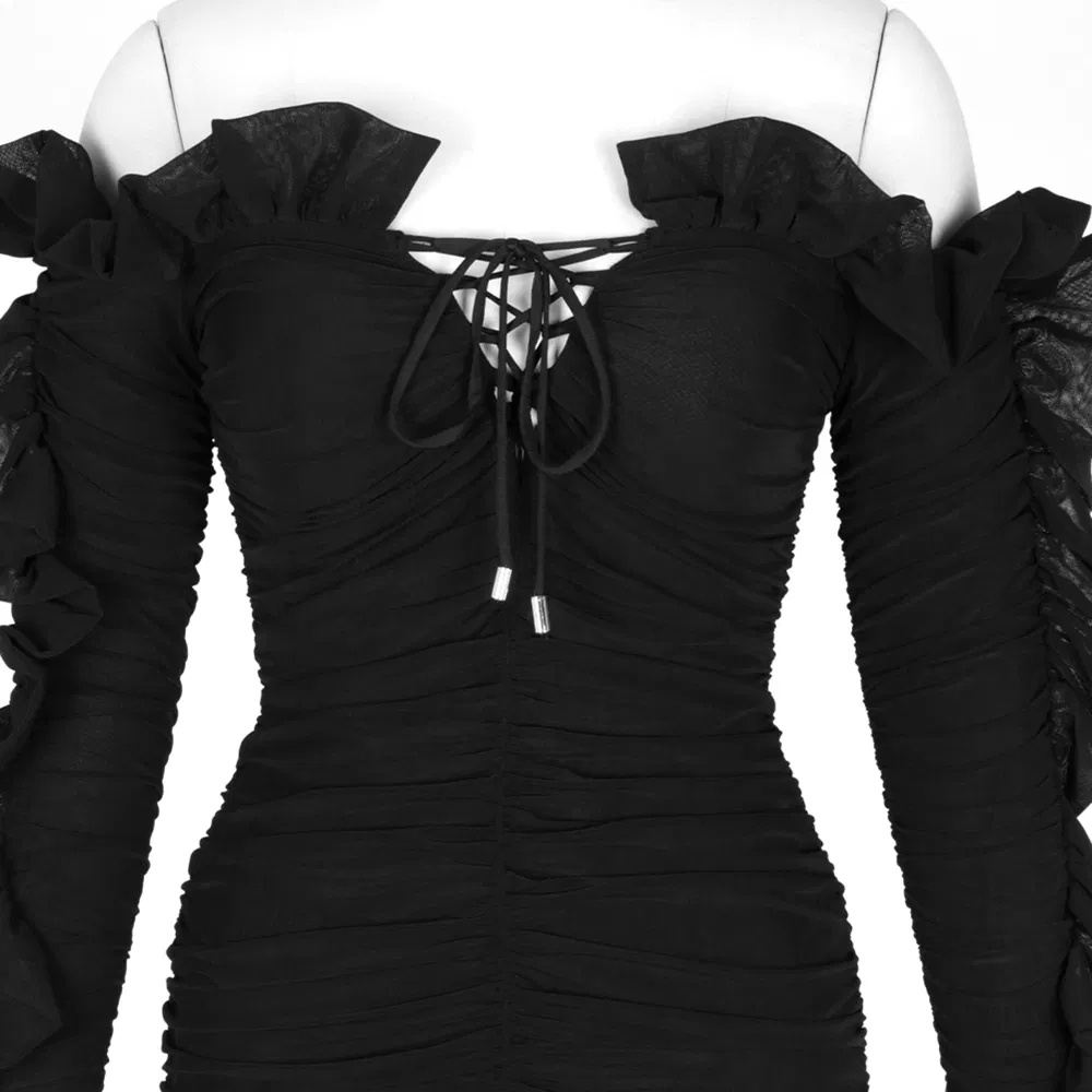 Vestido mini sexy preto justo personalizado, ombro a ombro, com pregas franzidas e babados, manga longa, estilo casual, vestido de festa para mulheres