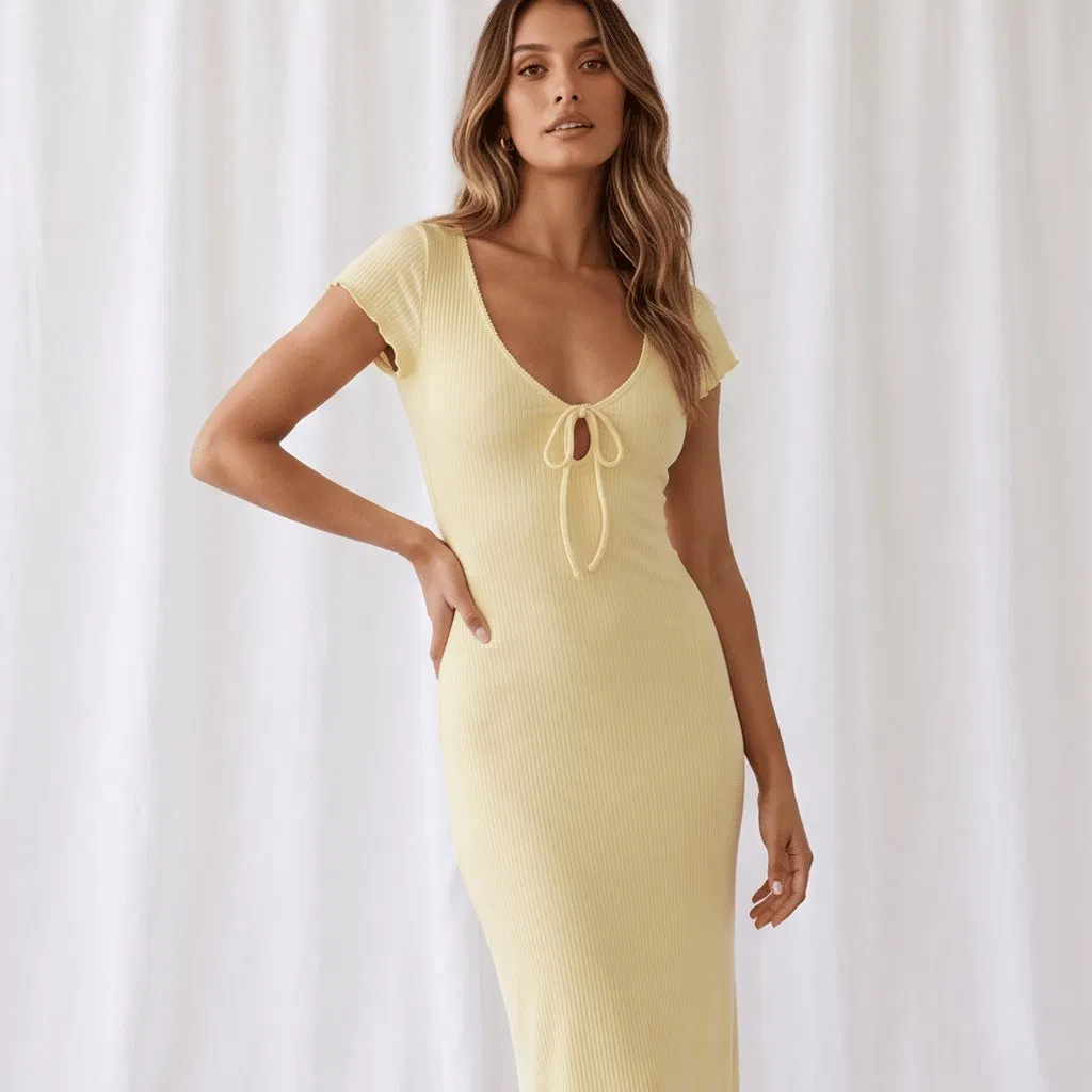 Vestido longo slim-fit de malha com decote em V profundo resistente a bolinhas para mulheres, ideal para encontros