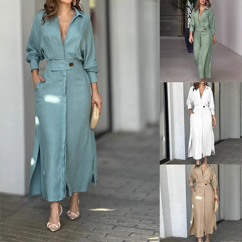 Vestido Casual Feminino de Cor Sólida com Mangas Longas, Decote em V, Irregular, Fenda Casual Feminina, Roupas Femininas
