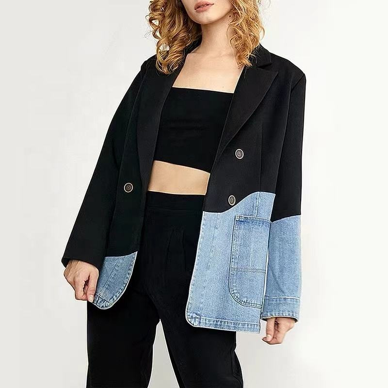 Conjunto Personalizado Atacado Colar Elegante Casual Jaqueta Esportiva de Denim com Patchwork Xadrez para Mulheres