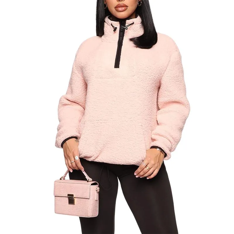 Venda Quente Mulher Pulôver de Veludo de Algodão com Zíper Meio Inverno Quente Moletom Casual Moda Feminina