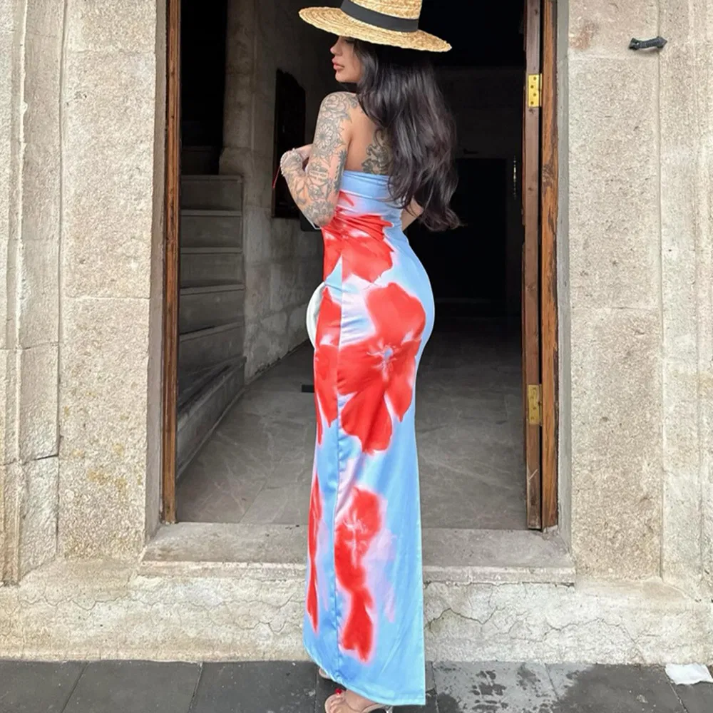 Vestido de Impressão Feminino Atacado Sem Alças Longo Moda Vestidos de Festa à Noite