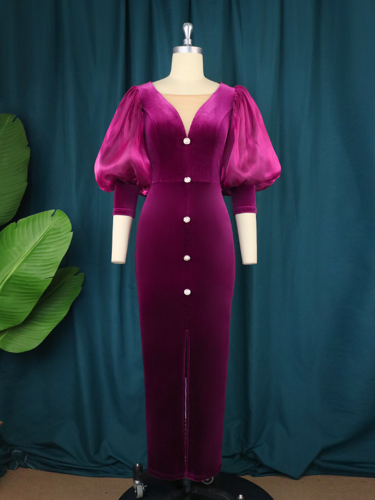 Vestido Francês de Alta Qualidade com Cintura e Mangas Longas para Mulheres - Roupas de Festa