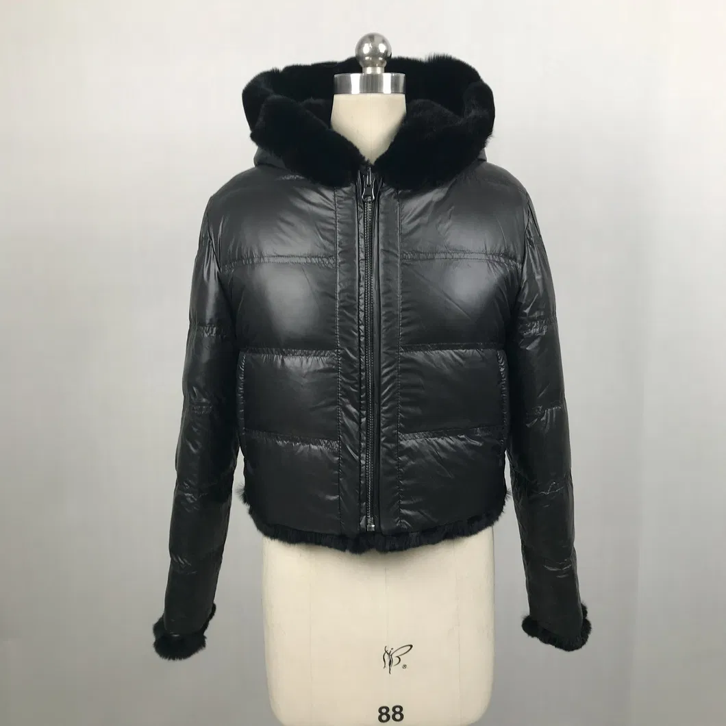 Atacado Mulheres Inverno Quente Personalizado Reversível Com Capuz Manga Longa Senhora Casaco de Pato Rex Coelho Mulheres Casaco de Pêlo Real