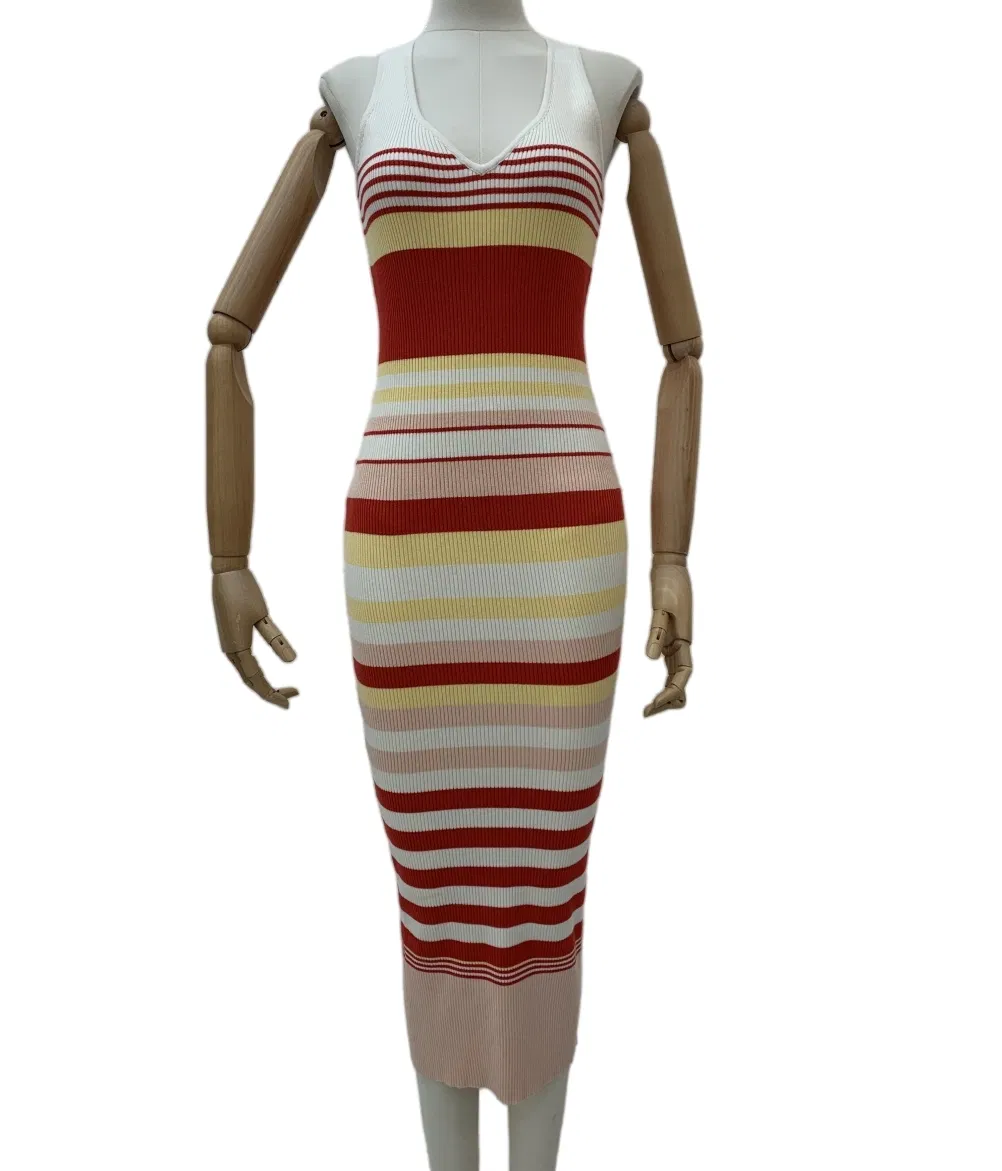 Vestido de malha leve, vibrante e colorido com listras para o verão feminino