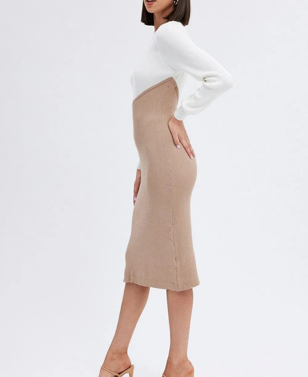 Vestido de malha feminino de manga longa com bloco de cores contrastantes e estilo para a moda de outono