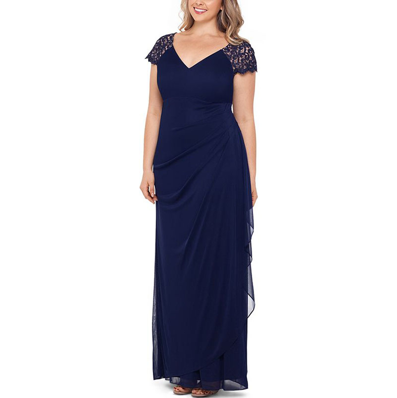 Vestido de festa e noite em chiffon com ombreiras de renda, elegante, plus size, personalizado e adornado para mulheres