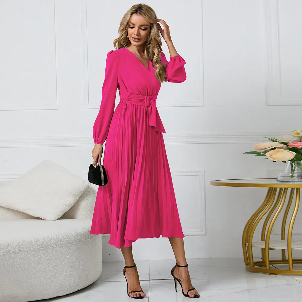 Fábrica OEM por atacado personalizada moda mulheres senhoras vestido longo de chiffon plissado para festa à noite