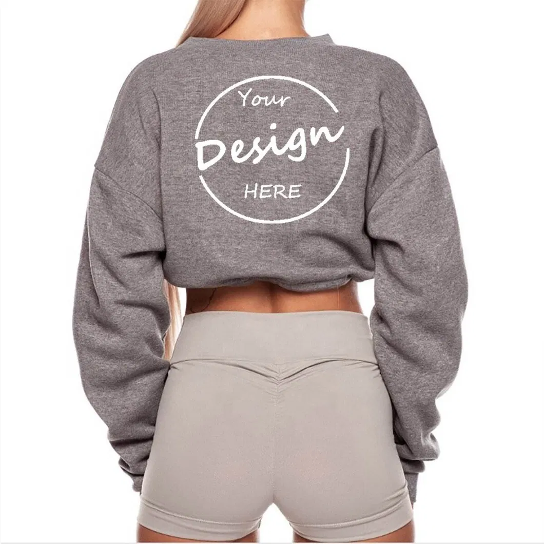 Moletom Crewneck Cortado Personalizado Atacado Fleece Solto Casual Corrida Respirável Roupas Femininas Esportivas com Cordão